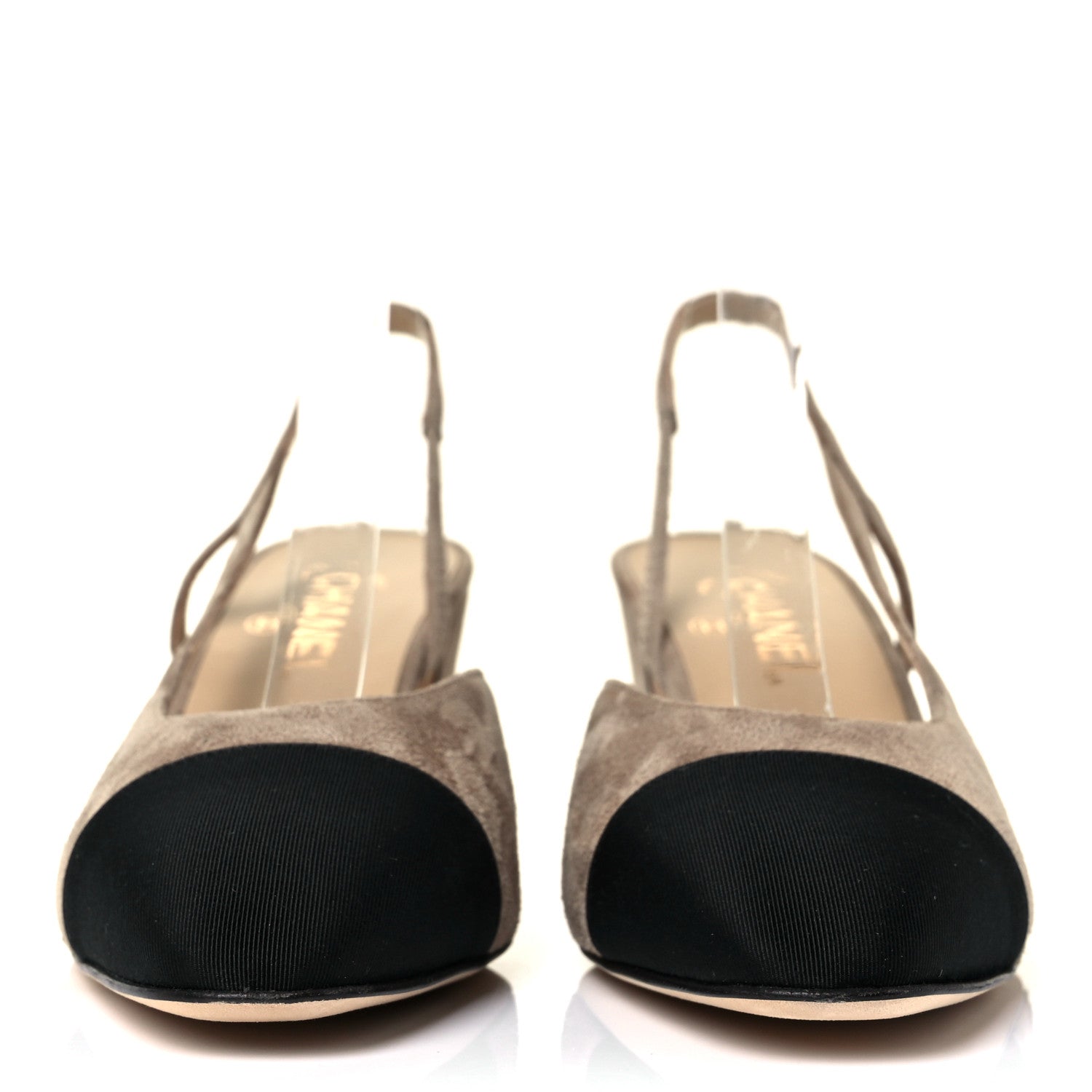 Chanel Suede Grosgrain Cap Toe CC Slingback Pumps 39.5 Beige Black 2 of 9