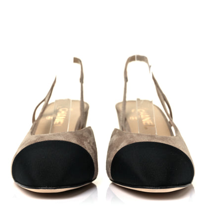 Chanel Suede Grosgrain Cap Toe CC Slingback Pumps 39.5 Beige Black 2 of 9