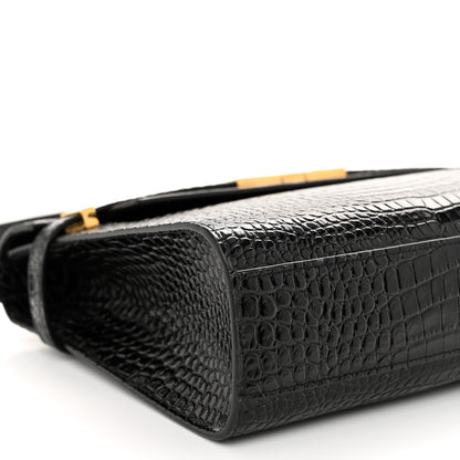 Saint Laurent Shiny Calfskin Crocodile Embossed Manhattan Baguette Black 8 of 9