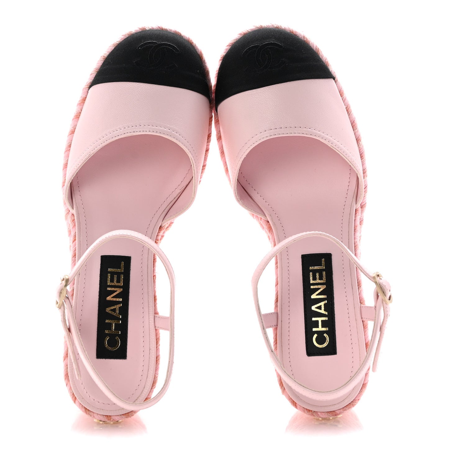 Lambskin Grosgrain CC Espadrilles Wedges 38 Pink Black