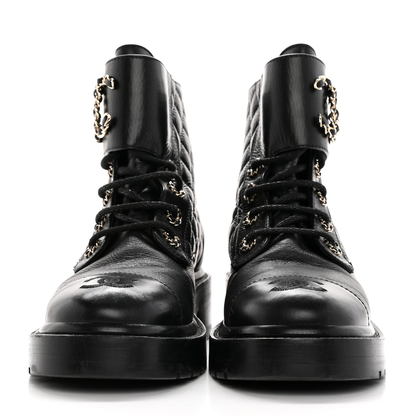 Shiny Calfskin Quilted Lace Up Combat Boots 35.5 Black
