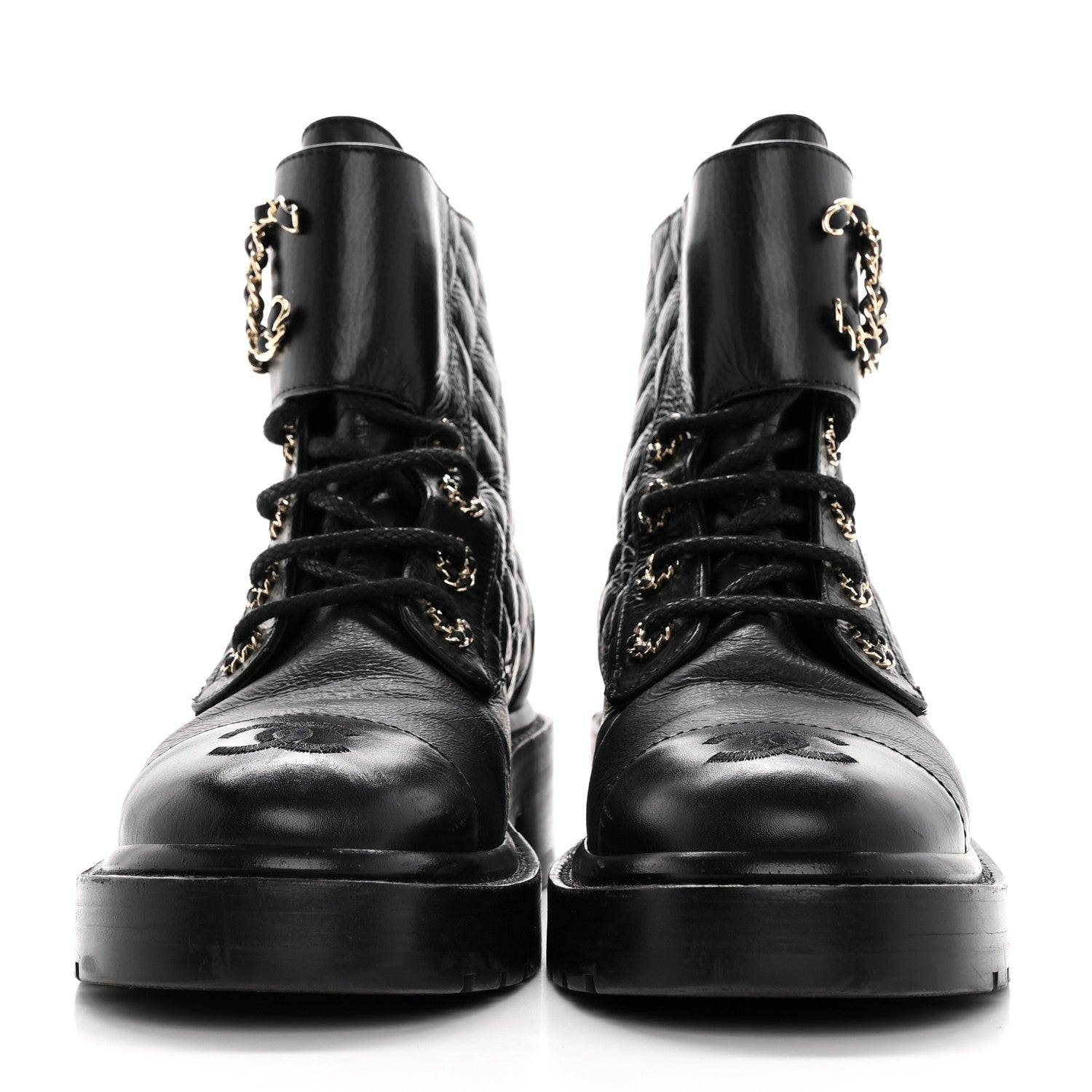 Chanel Shiny Calfskin Quilted Lace Up Combat Boots 35.5 Black 2 of 18