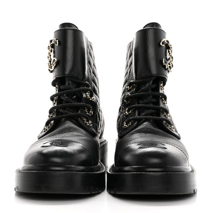 Chanel Shiny Calfskin Quilted Lace Up Combat Boots 35.5 Black 2 of 18