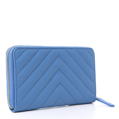 Chanel Caviar Chevron Quilted Small Zip Around Wallet Blue 3 of 8