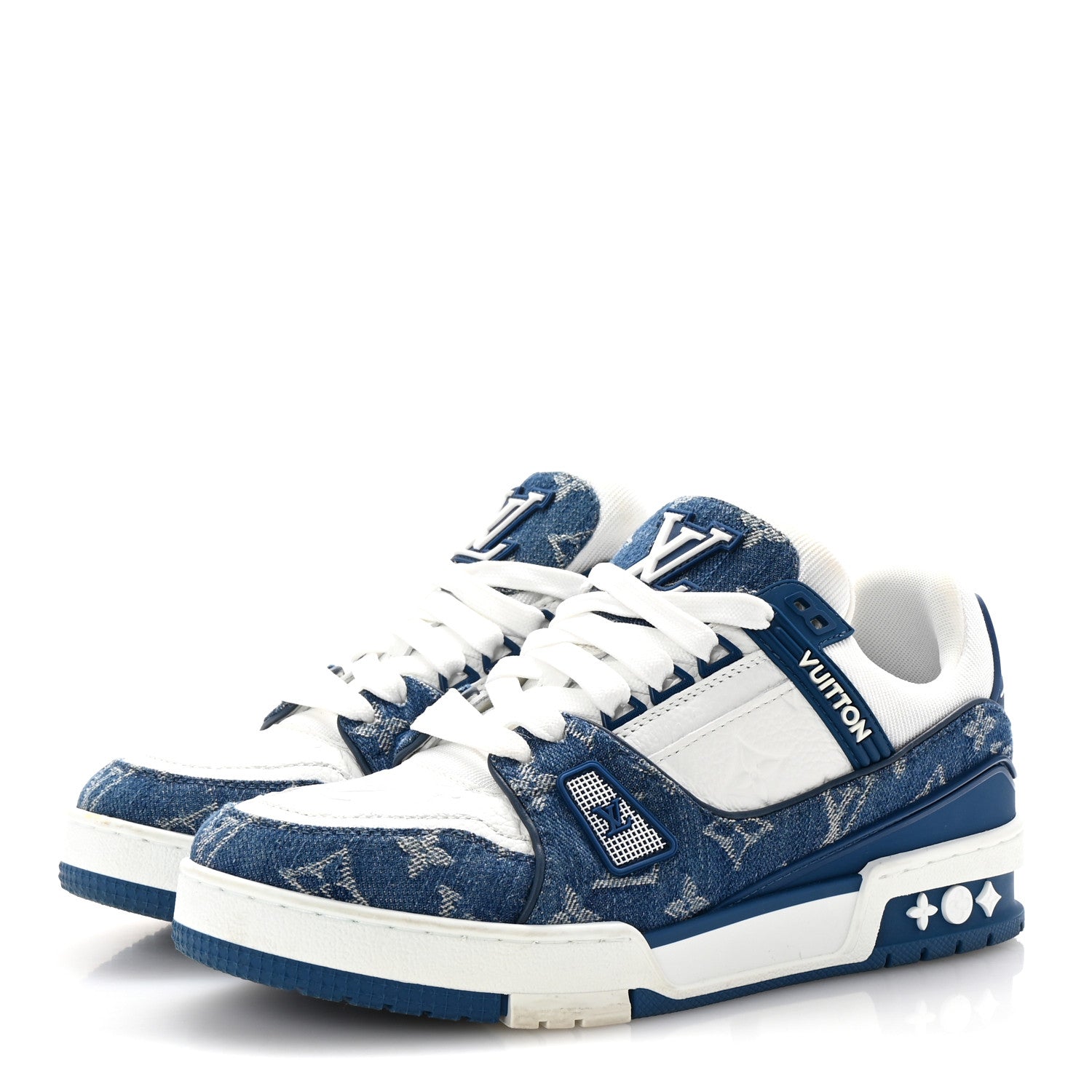 Louis Vuitton Calfskin Embossed Monogram Denim Womens LV Trainer Sneakers 38 Blue 4 of 11