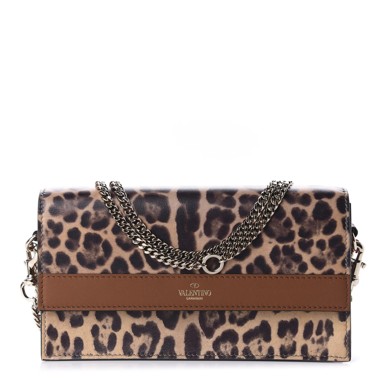 Valentino Garavani Calfskin Leopard Print City Safari Wallet On Chain Brown 1 of 9