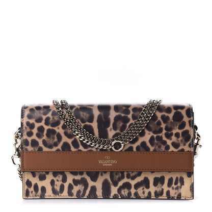 Valentino Garavani Calfskin Leopard Print City Safari Wallet On Chain Brown 1 of 9