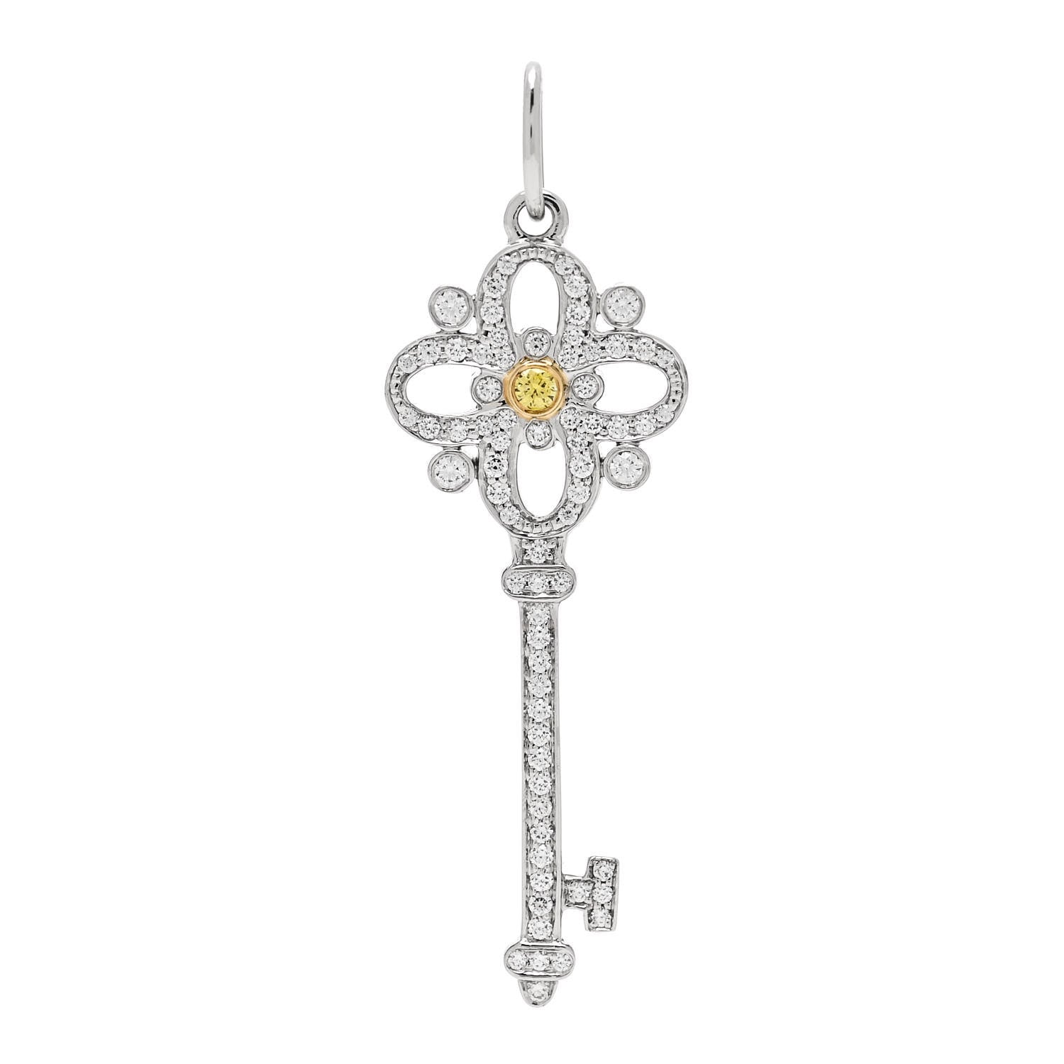 Tiffany Platinum 18K Yellow Gold Diamond Fancy Yellow Diamond Floret Key Pendant 1 of 5