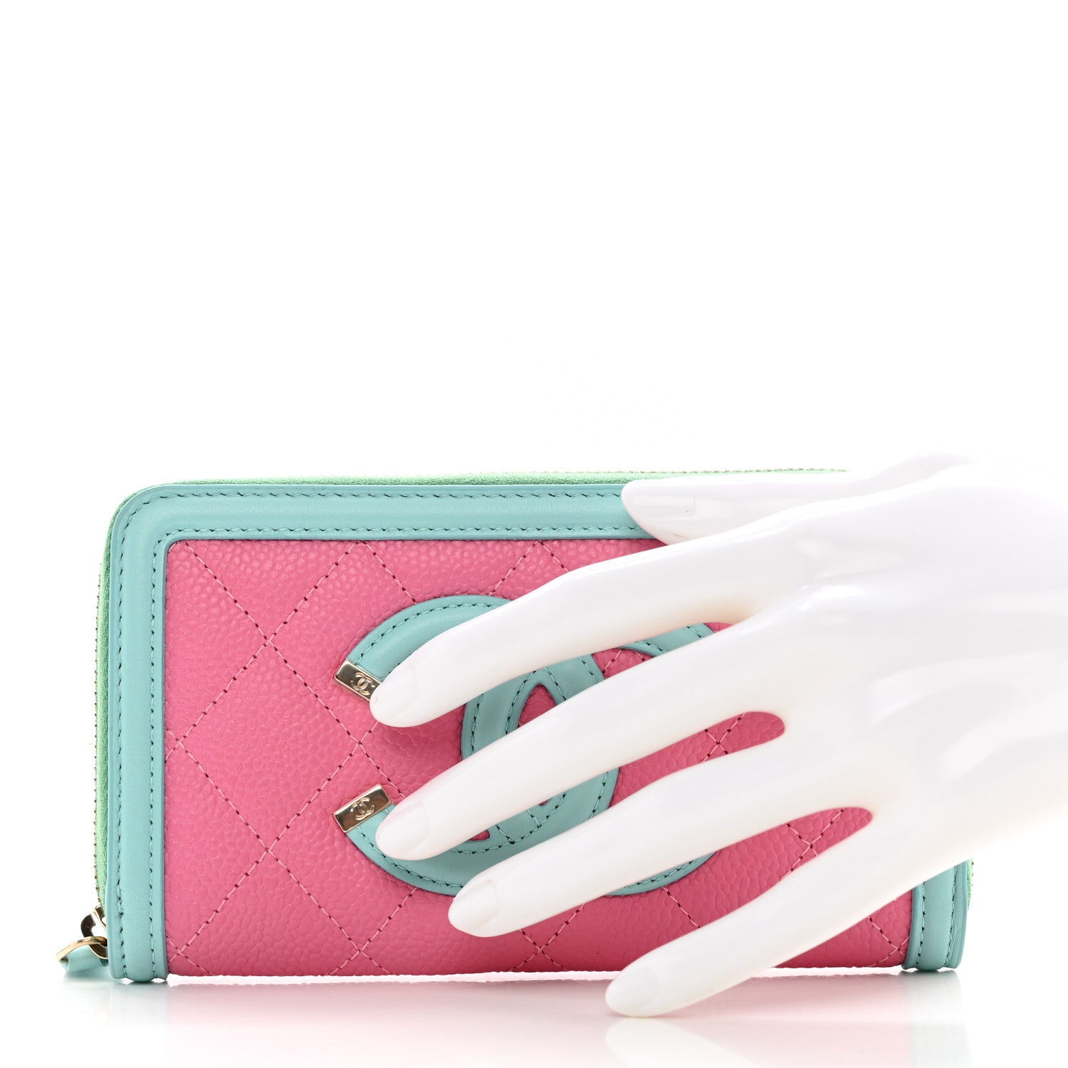 Chanel Caviar Quilted Medium Filigree Zip Around Wallet Pink Blue Green 2 of 8