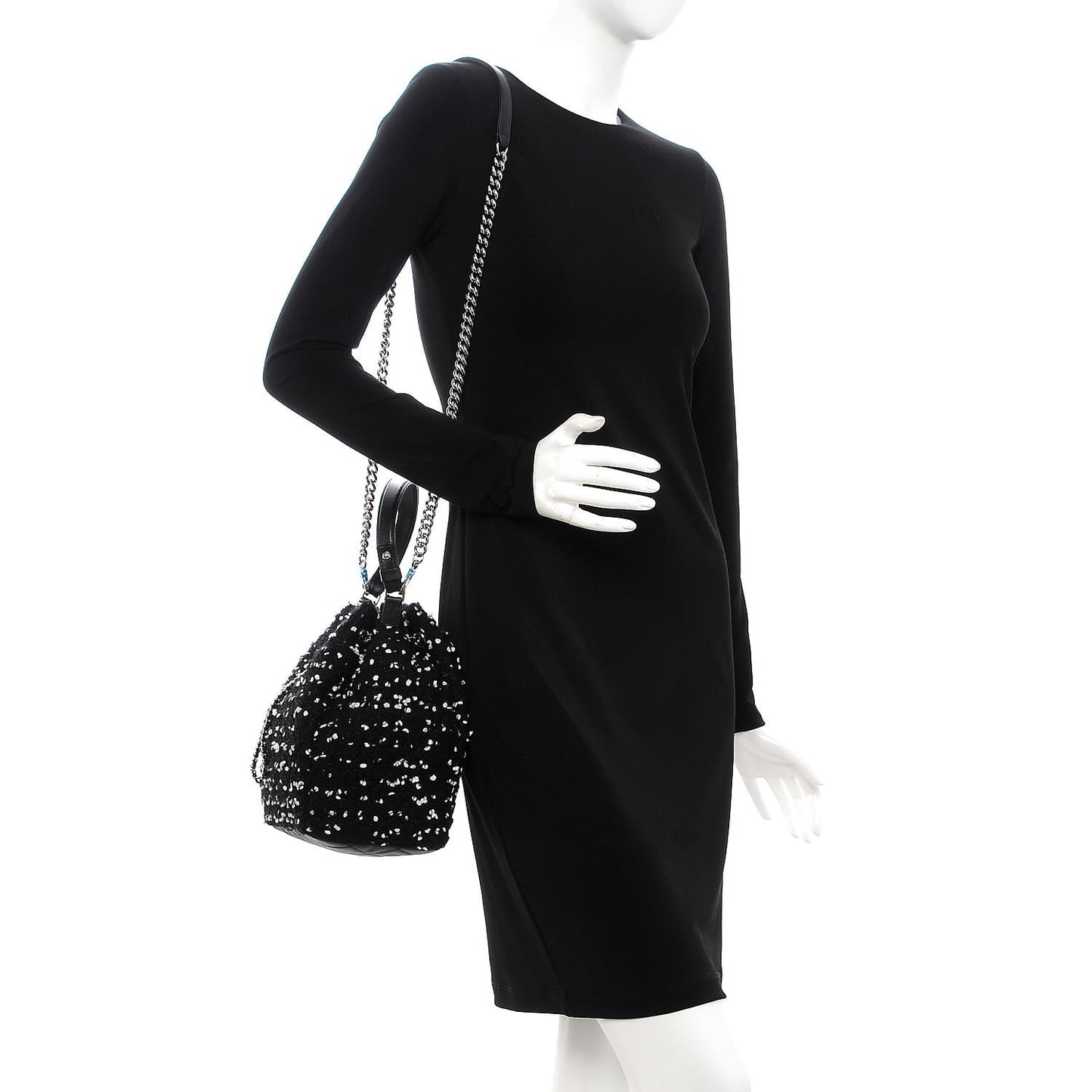 Calfskin Tweed Medium CC Chain Bucket Drawstring Bag White Black