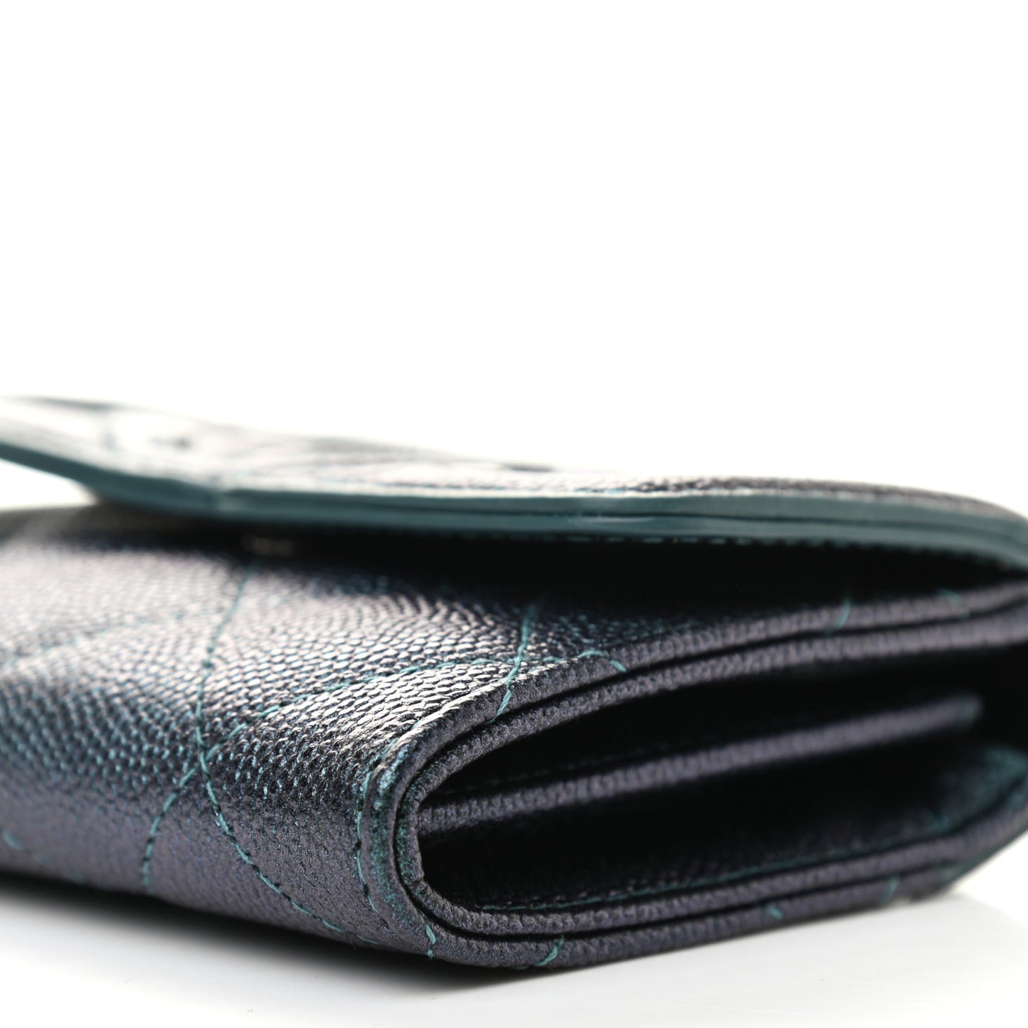 Iridescent Caviar Quilted Filigree Flap Card Holder Dark Turquoise