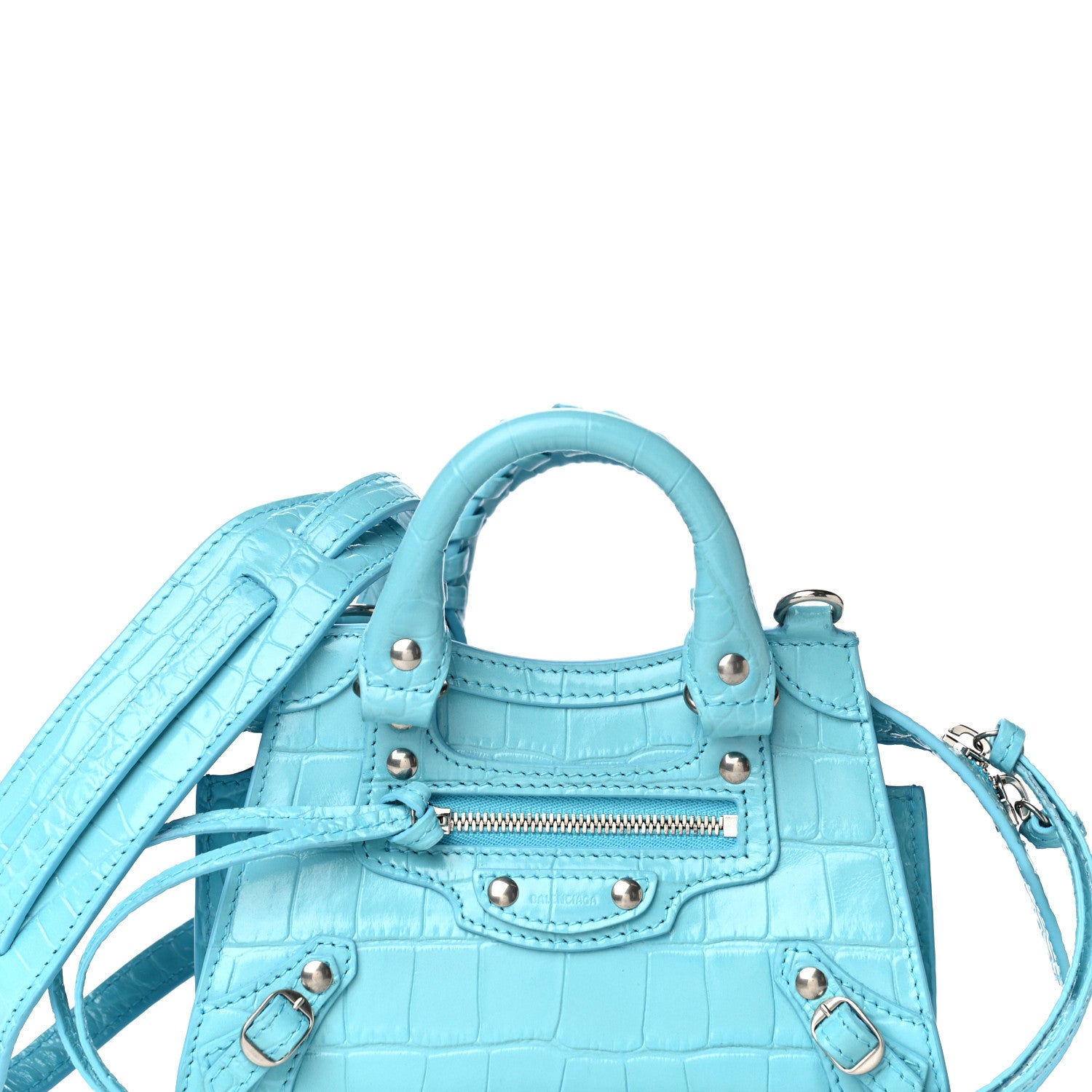 Balenciaga Calfskin Crocodile Embossed Neo Classic Silver Hardware Nano City Crossbody Azur 7 of 9