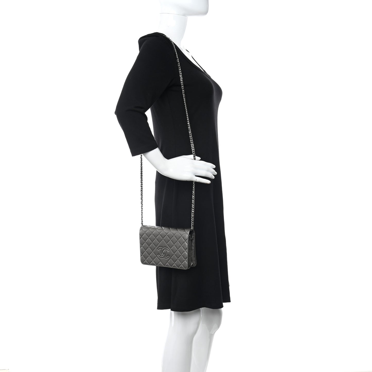 Metallic Goatskin Quilted Diamond CC Wallet On Chain WOC Pewter