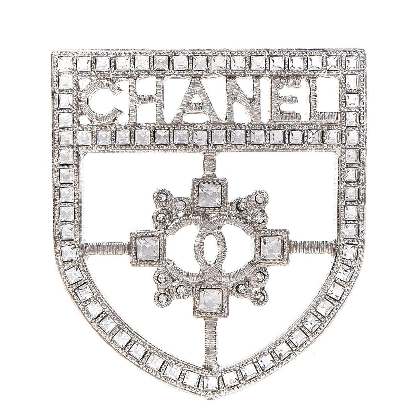 Swarovski Baguette Crystal CC Shield Brooch Silver