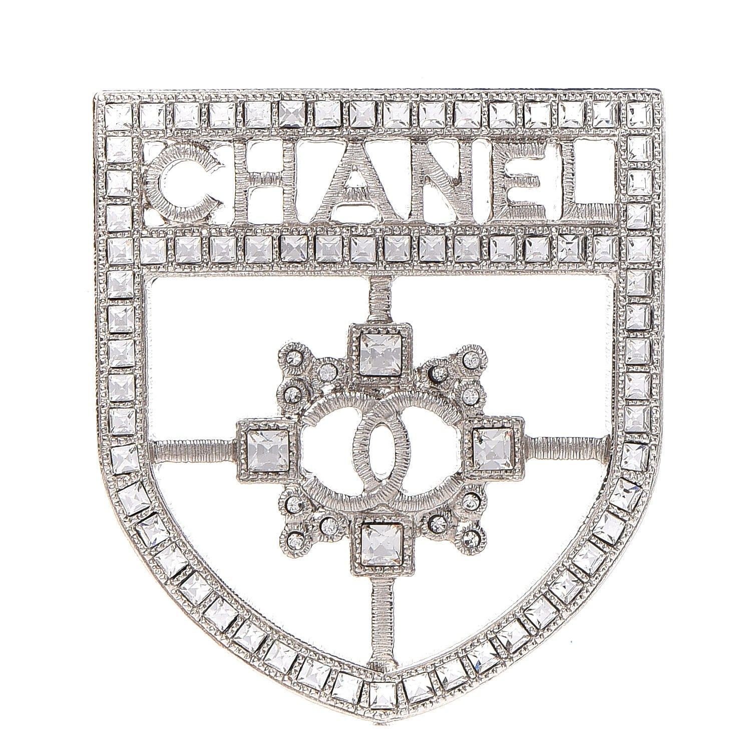 Chanel Swarovski Baguette Crystal CC Shield Brooch Silver 1 of 5