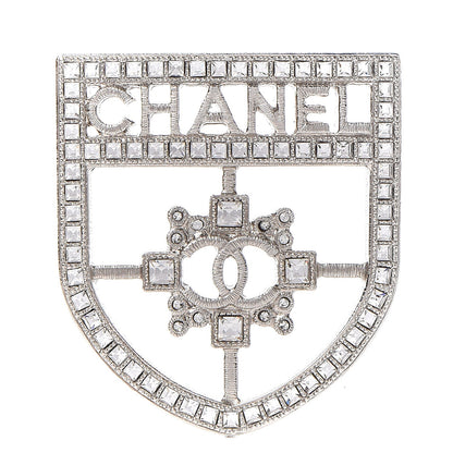 Chanel Swarovski Baguette Crystal CC Shield Brooch Silver 1 of 5