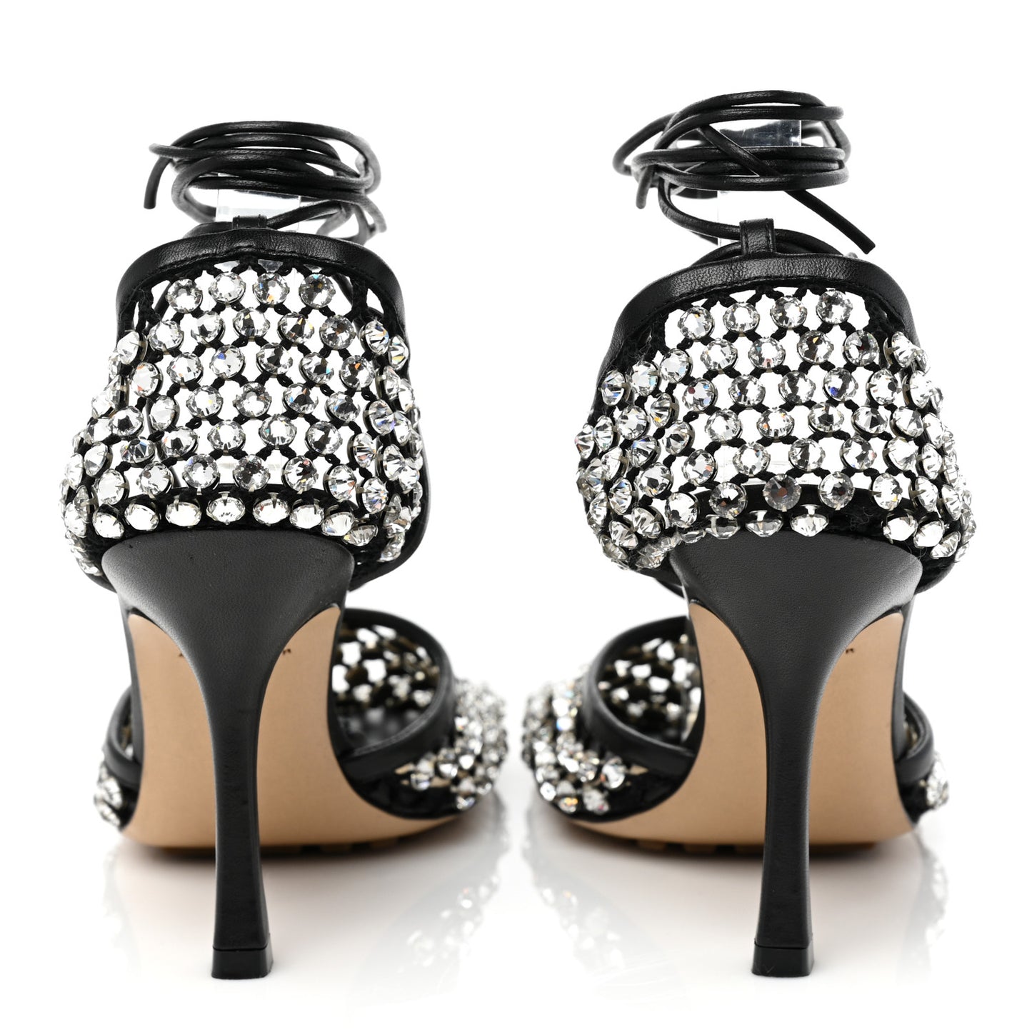 Mesh Nappa Crystal Embellished Sparkle Stretch Ankle Tie Sandals 36.5 Black