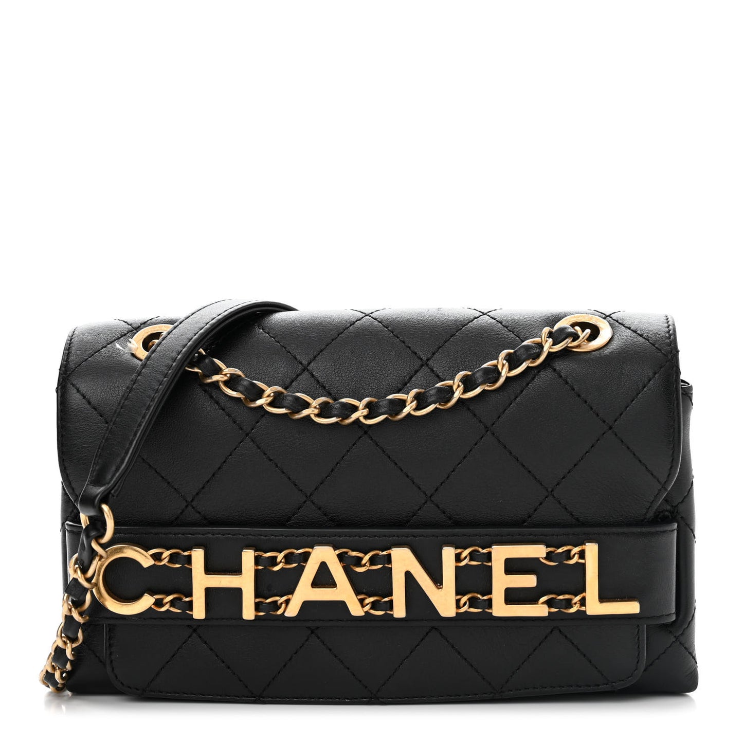Calfskin Quilted Small Enchained Flap Black