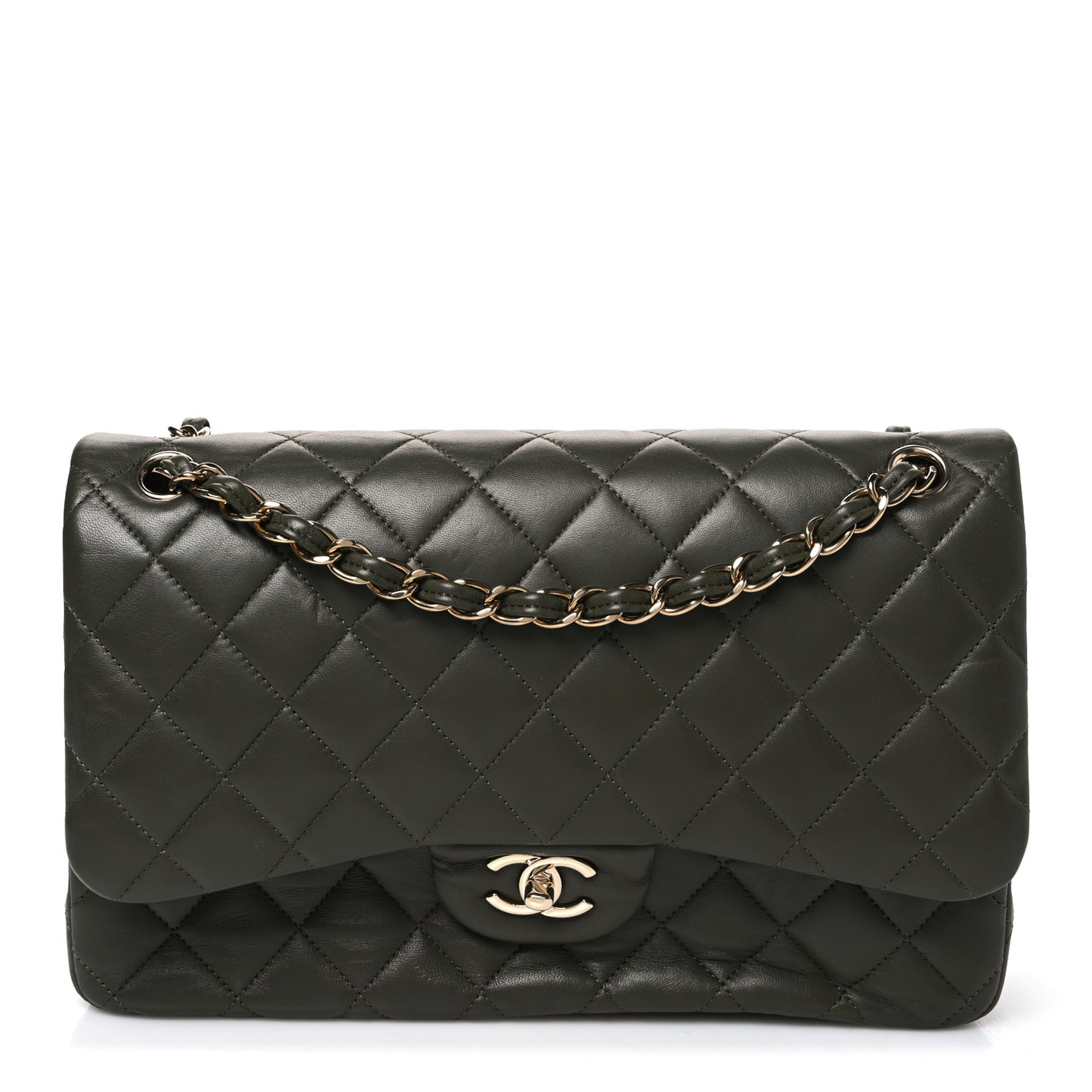 Lambskin Quilted Jumbo Double Flap Green
