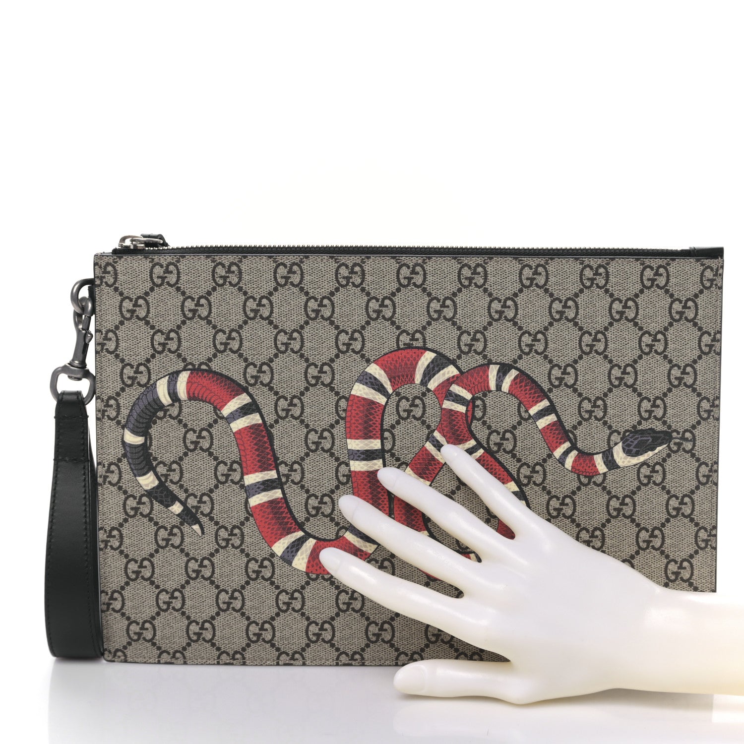 Gucci GG Supreme Monogram Kingsnake Zip Wristlet Pouch Beige Black 2 of 9