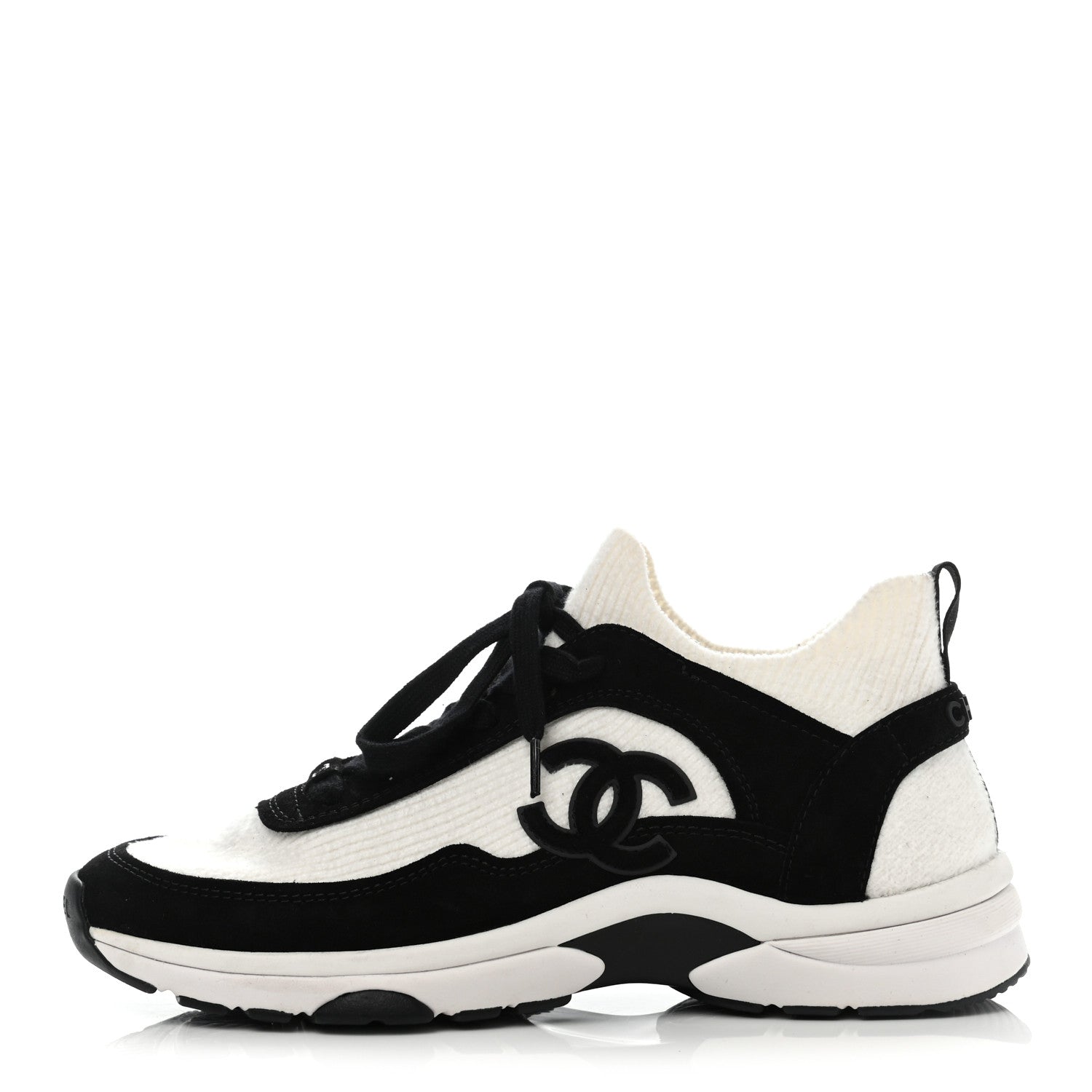 Chanel Fabric Suede Calfskin CC Sneakers 37.5 White Black 1 of 7