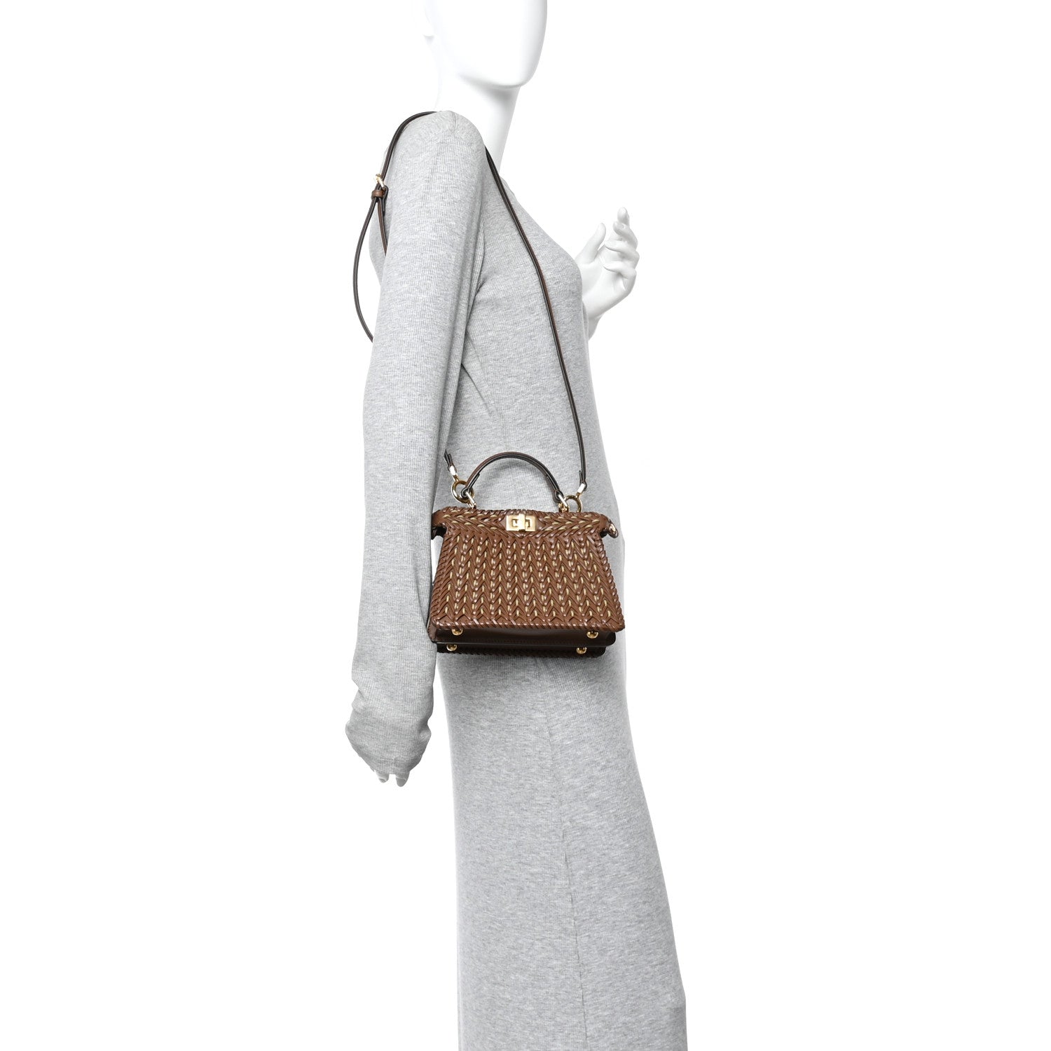 Fendi Vitello King Shiny Nappa Intreccio Petite Peekaboo I SEE U Satchel Gianduia 2 of 9