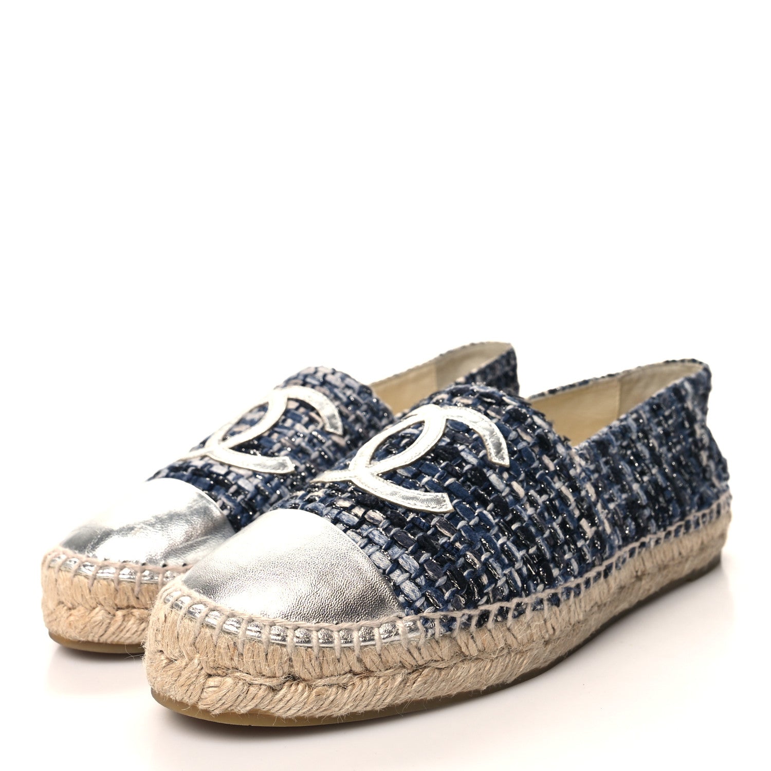 Chanel Metallic Tweed Lambskin CC Espadrilles 38 Blue Black Silver 3 of 9