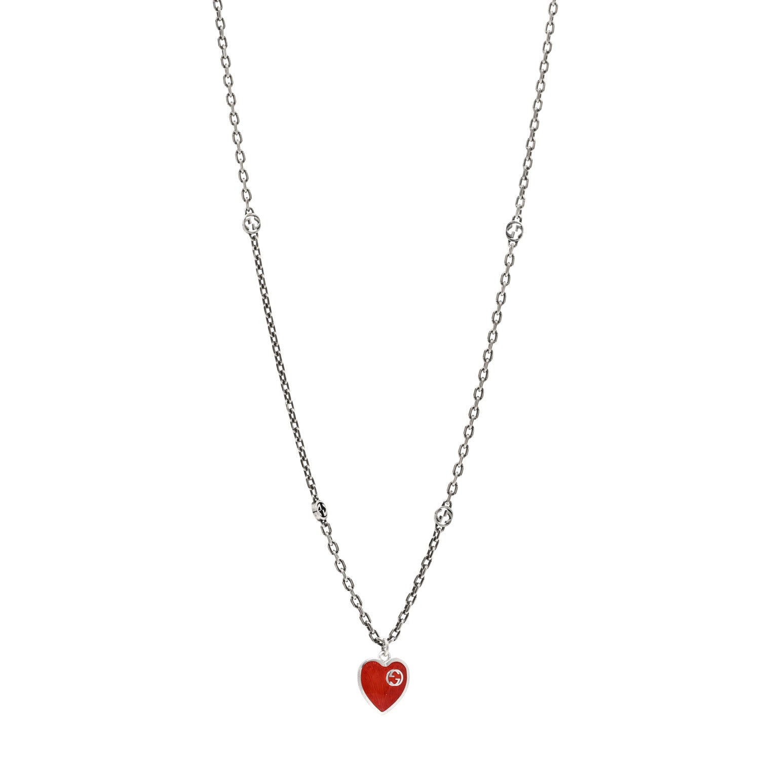 Gucci Sterling Silver Enamel Interlocking G Heart Necklace Red 1 of 5