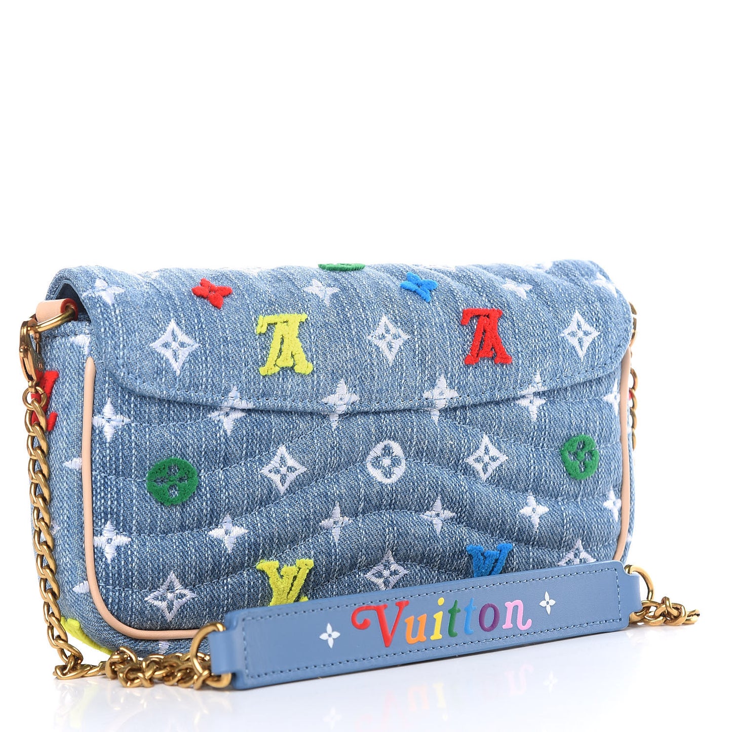 Embroidered Monogram Denim New Wave Chain Pochette Blue