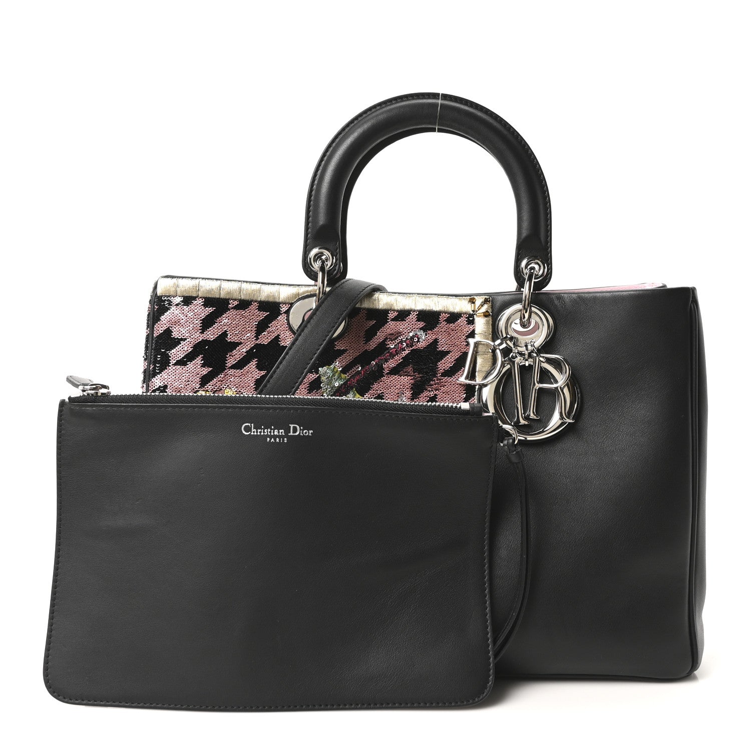 Christian Dior Smooth Calfskin Sequin Houndstooth Embroidered Medium Diorissimo Black 3 of 11