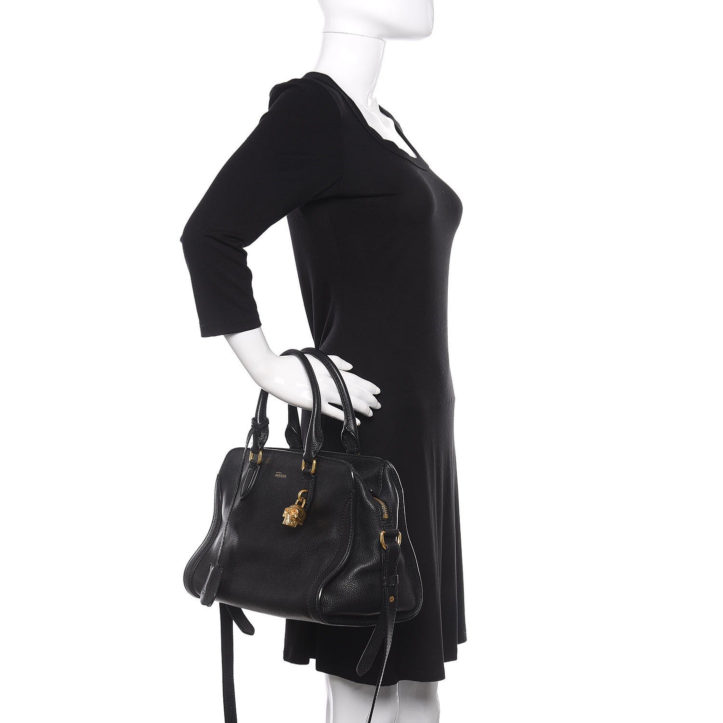 Pebbled Calfskin Small Skull Padlock Zip Around Tote Black