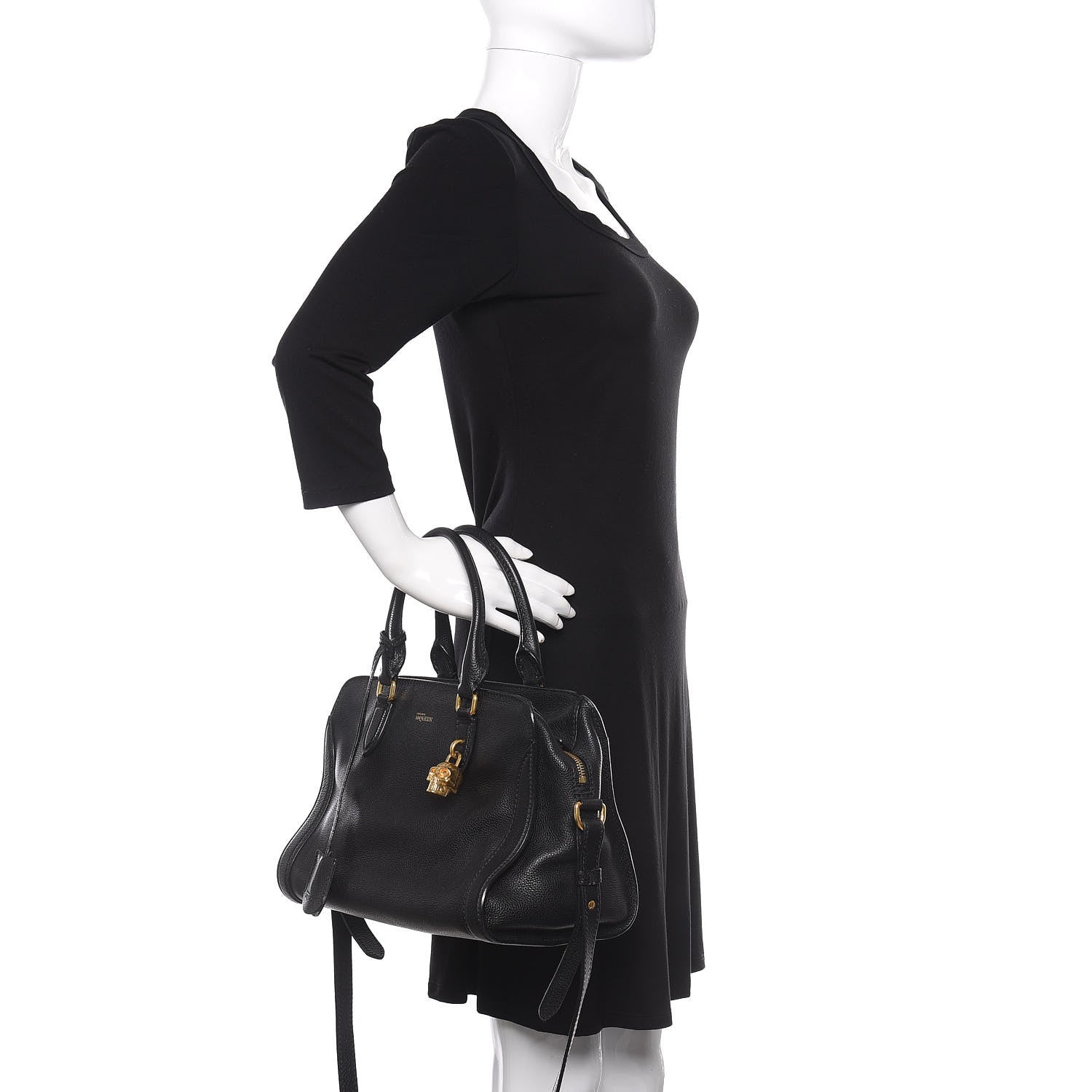 Alexander McQueen Pebbled Calfskin Small Skull Padlock Zip Around Tote Black 3 of 12