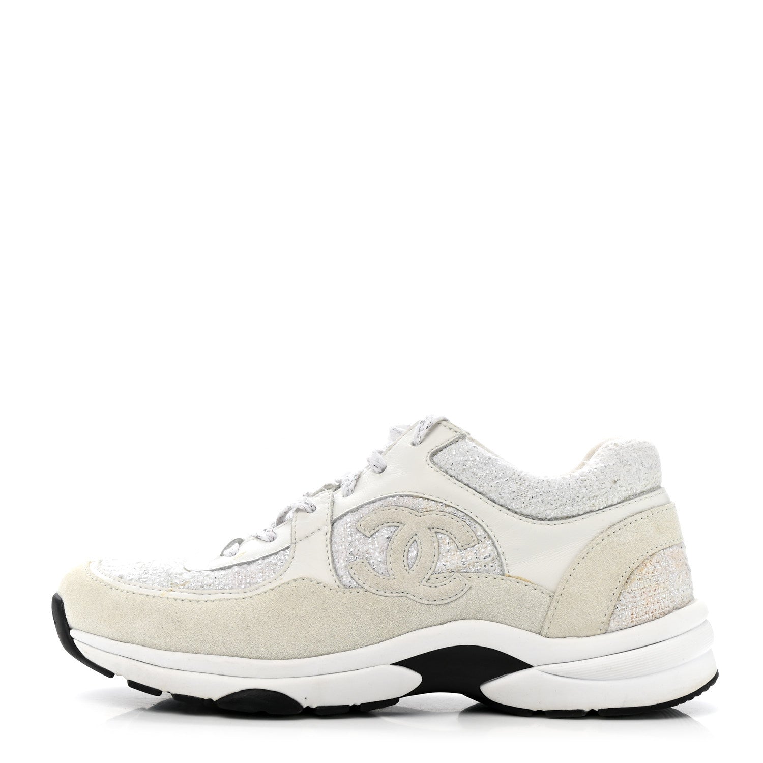 Chanel Painted Iridescent Cotton Tweed Suede Womens CC Sneakers 39 White Silver Multicolor 1 of 16