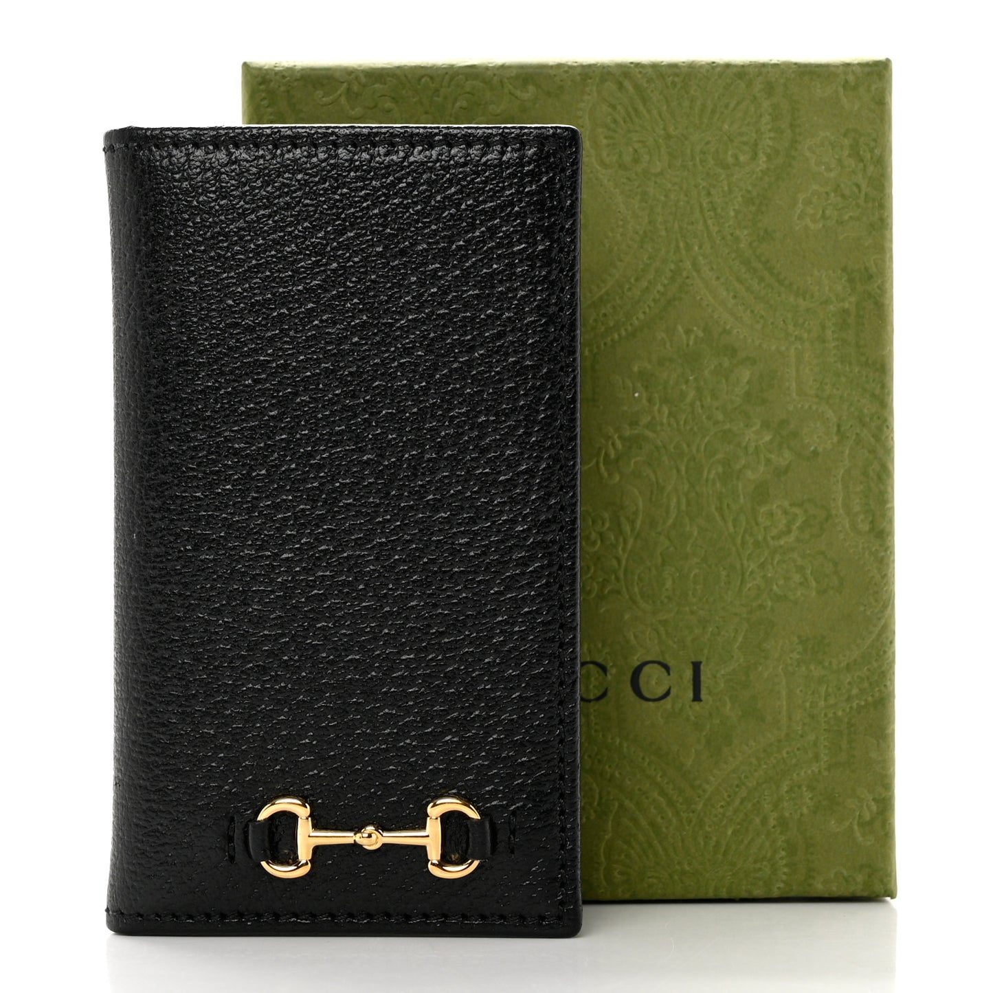 Textured Dollar Calfskin Horsebit Card Holder Black