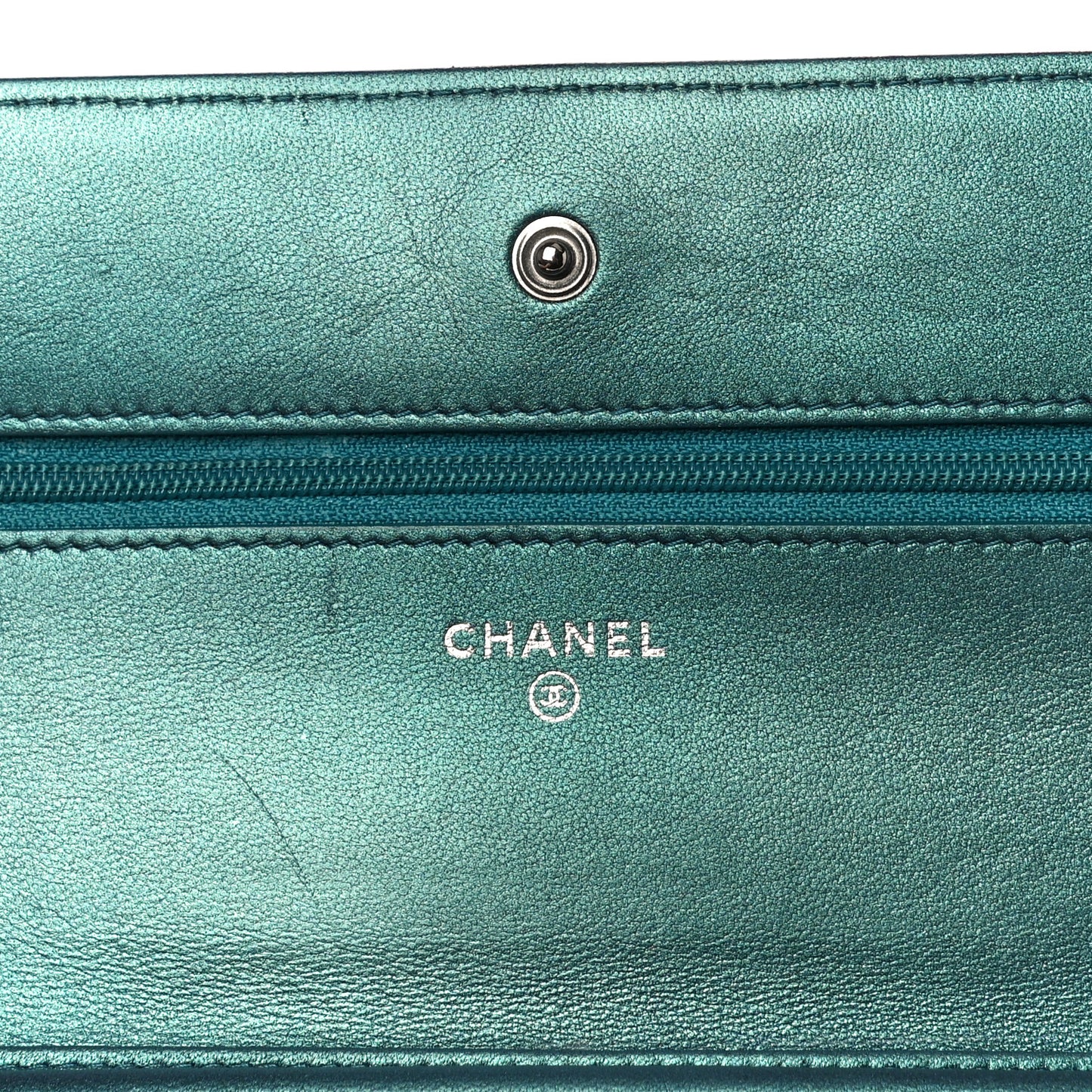 Iridescent Lambskin Quilted Wallet On Chain WOC Turquoise