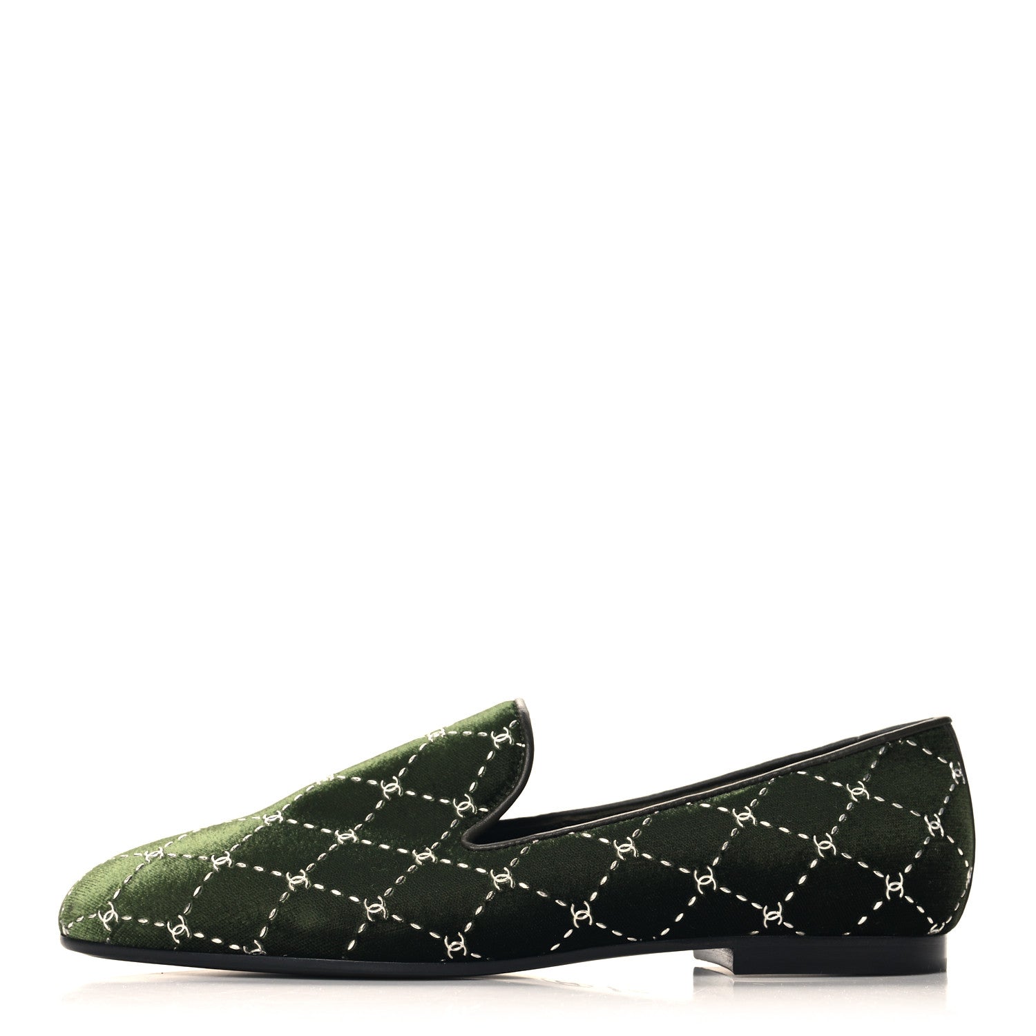Chanel Velvet Moccasin Loafers 37.5 Dark Green 1 of 10
