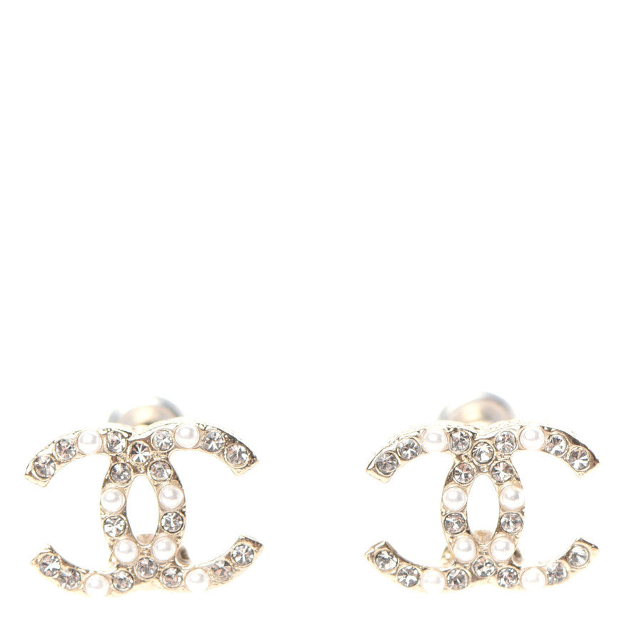 Pearl Crystal CC Charms Stud Earrings Light Gold