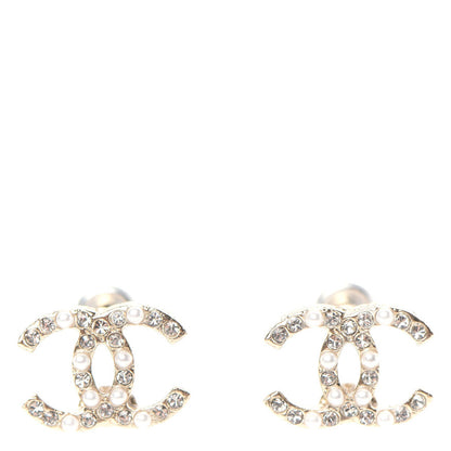 Chanel Pearl Crystal CC Charms Stud Earrings Light Gold 1 of 4