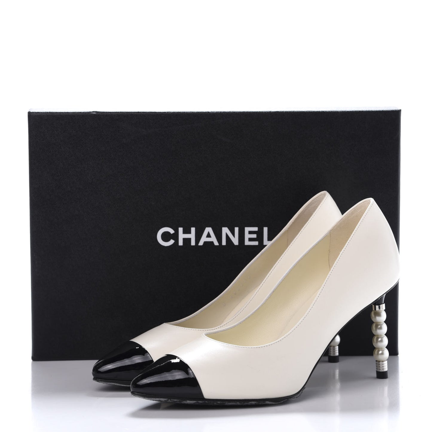 Lambskin Patent Cap Toe Pearl Pumps 37 Ivory Black