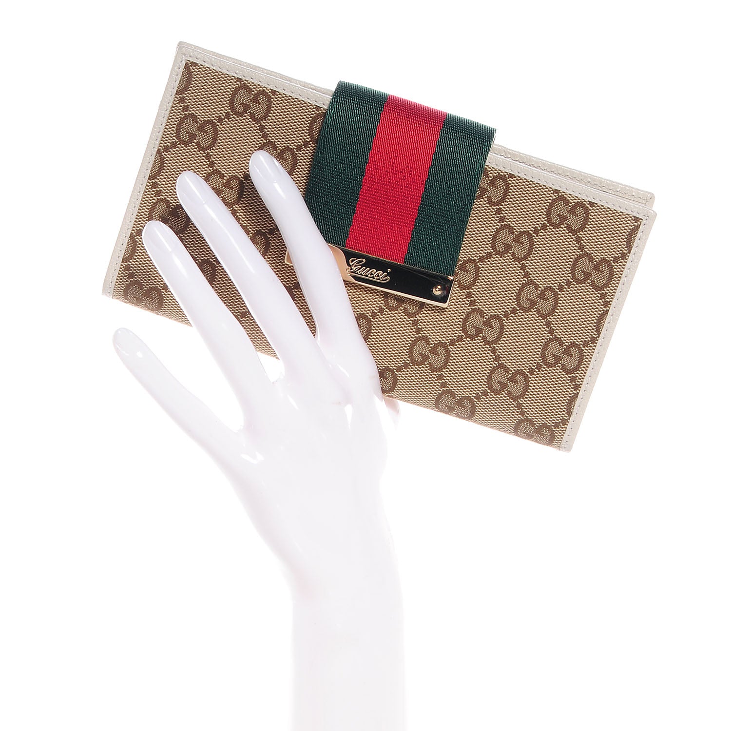 Gucci Monogram Calfskin Ladies Web Continental Wallet Beige Ebony Off White 2 of 8