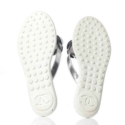 Chanel Iridescent Patent Calfskin Camellia Thong Sandals 41 Silver 7 of 8