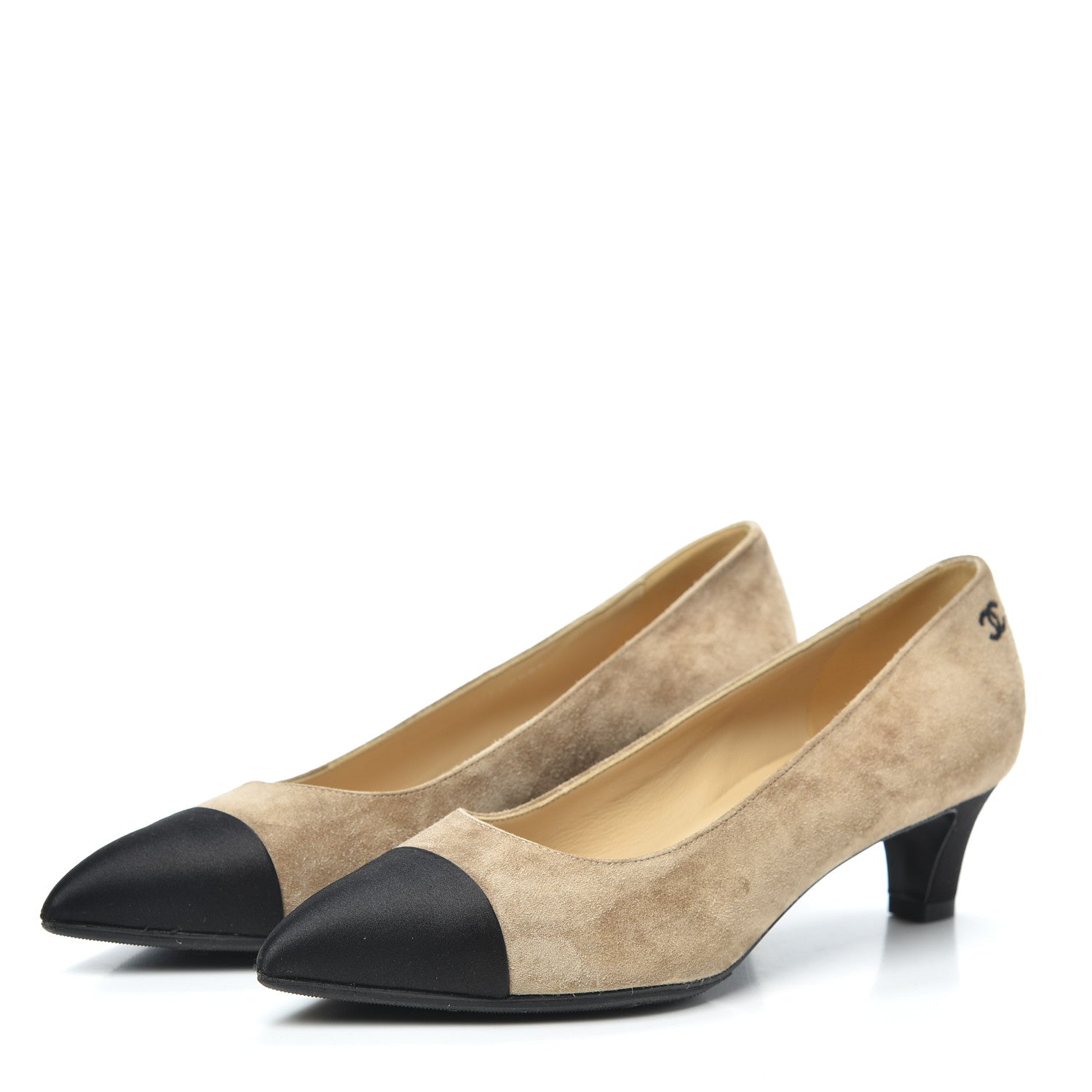 Chanel Kid Suede Grosgrain Cap Toe Pumps 36.5 Beige Black 3 of 7