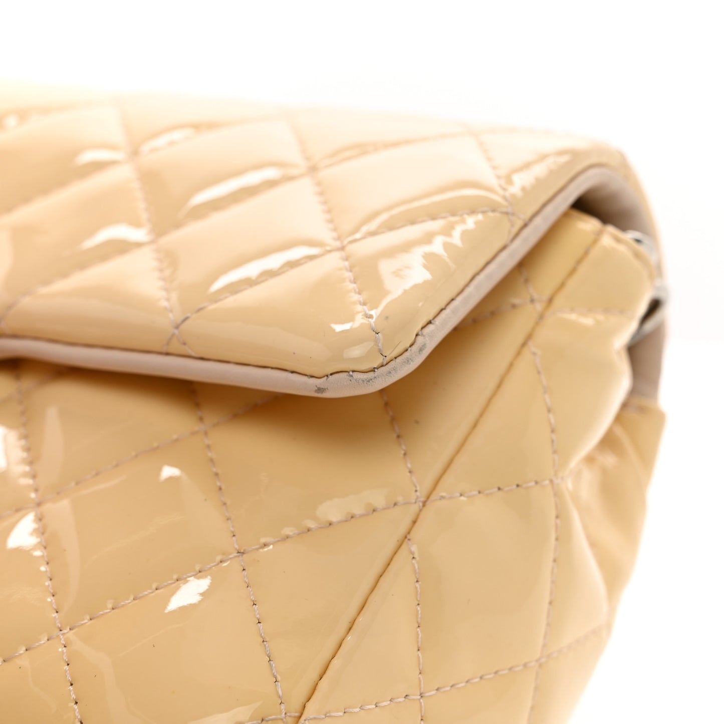 Patent Calfskin Quilted Mini Rectangular Flap Beige