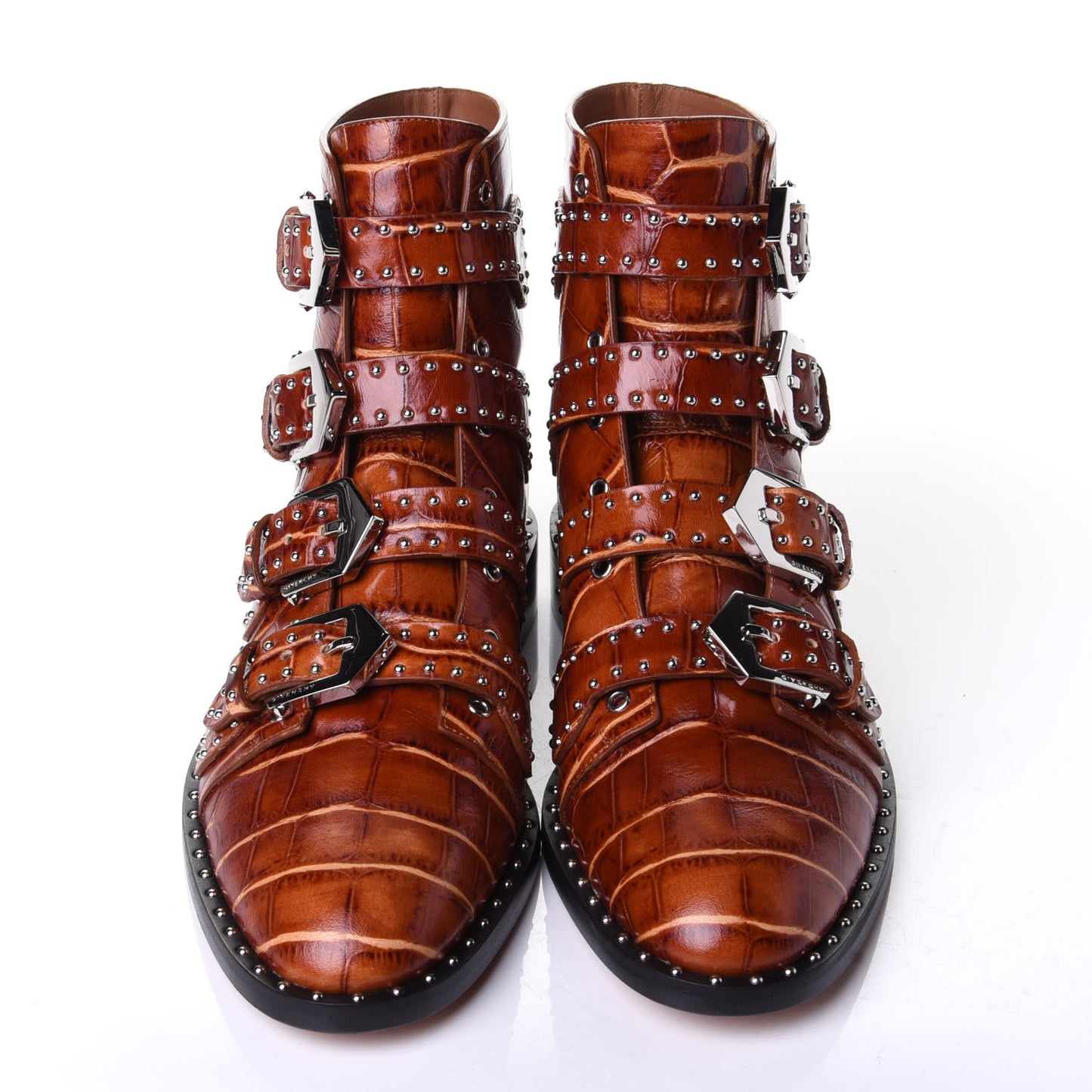 Crocodile Embossed Calfskin Studded Elegant Flat Bootie 38.5 Brown