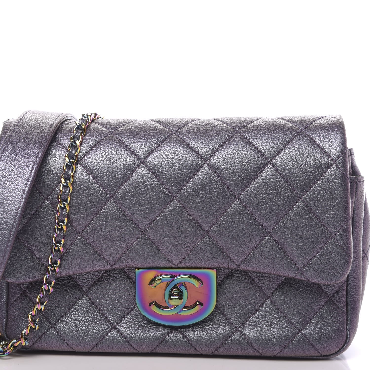 Chanel Iridescent Goatskin Quilted Small Double Carry Waist Chain Flap Purple 12 of 12