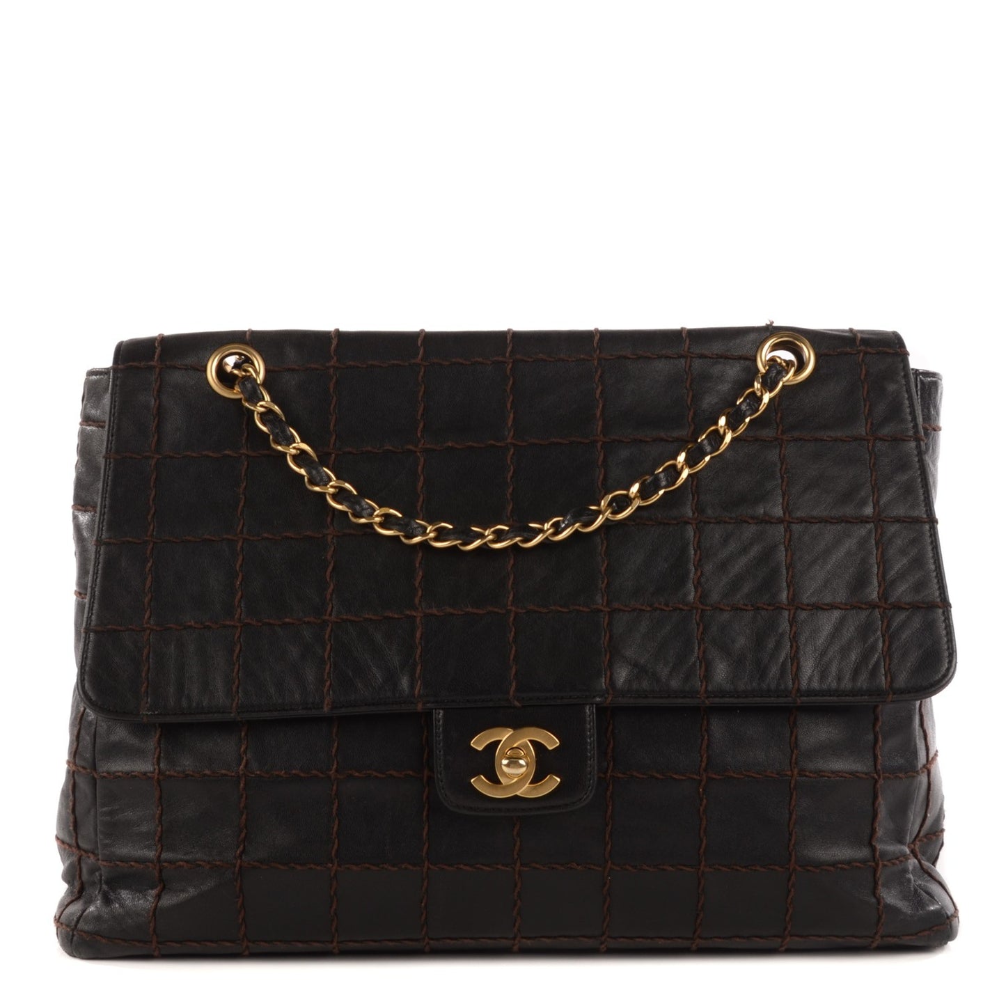 Lambskin Contrast Stitch Medium Single Flap Black