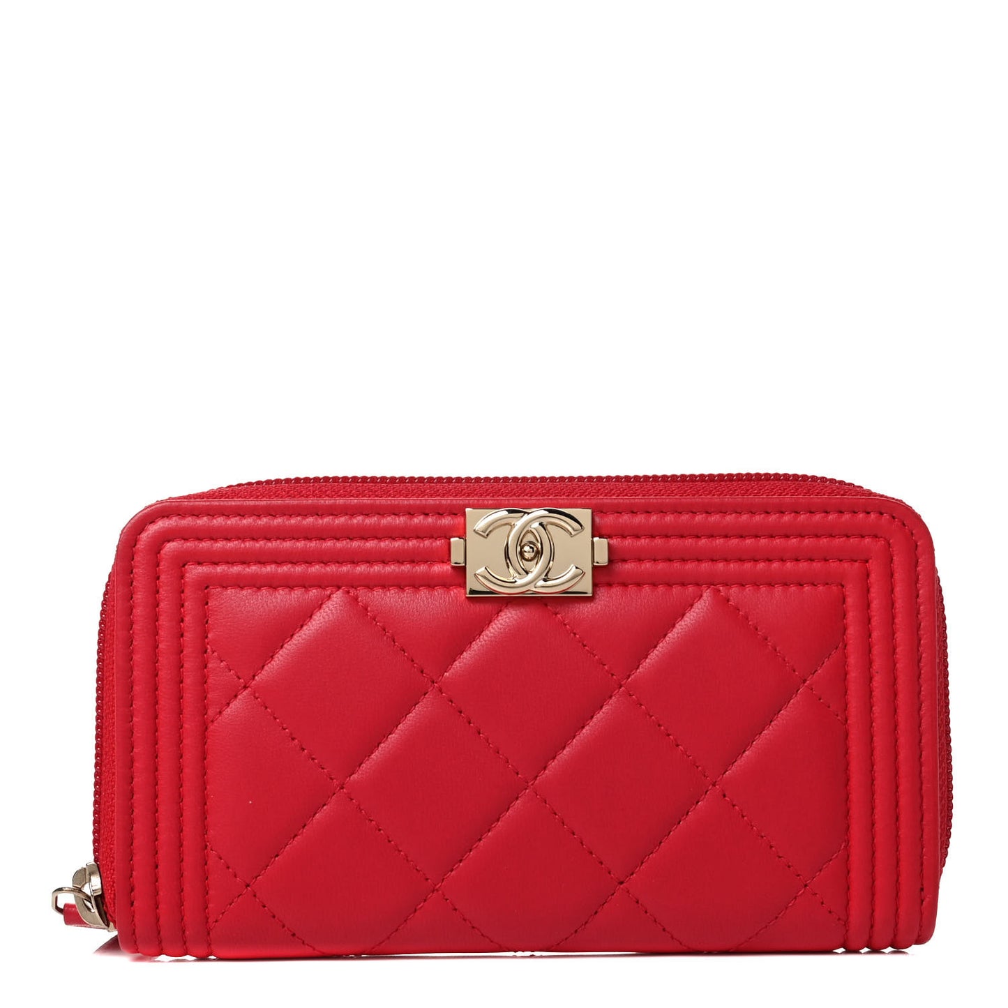Lambskin Quilted Small Boy Zip Around Wallet Red