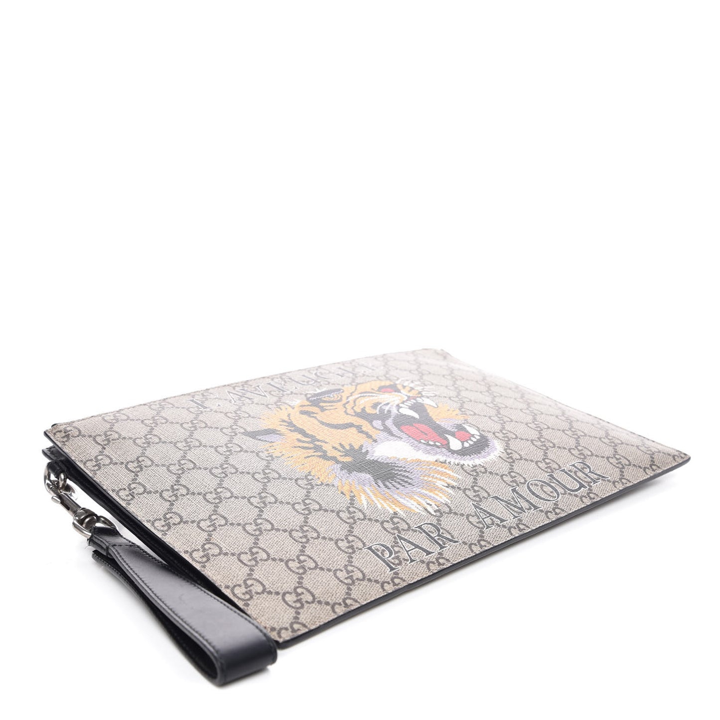 GG Supreme Monogram Tiger Zip Wristlet Pouch Beige