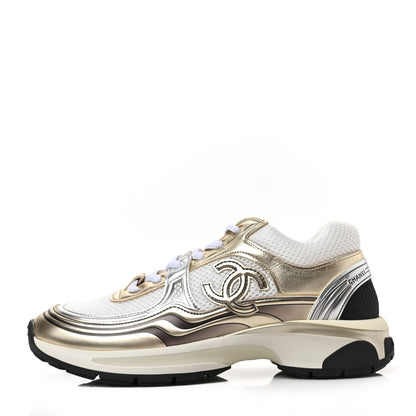 Chanel Fabric Laminated Calfskin Stretch CC Sneakers 39 White Gold Silver 1 of 7