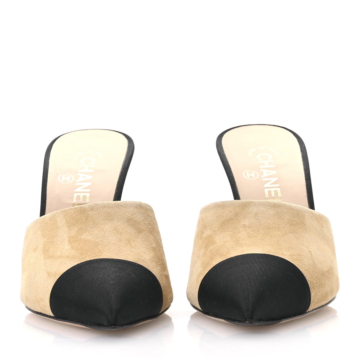 Chanel Suede Grosgrain Cap Toe CC Mules 39 Beige Black 3 of 9
